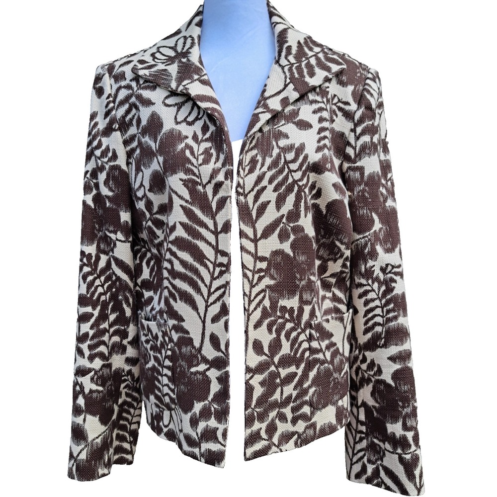 Jones New York Womens Size 14 Brown Beige Cotton Open Front Jacket Blazer Career